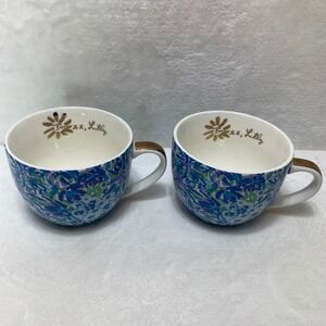 Lilly Pulitzer Floral Coffee Mugs Set of 2 Blue Purple Gold Handle Ceramic Cups
